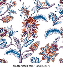 Seamless Pattern With Ethnic Japanese Ornament Elements. Folk Flowers And Leaves For Print Or Embroidery.