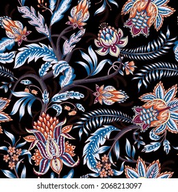 Seamless pattern with ethnic Japanese ornament elements. Folk flowers and leaves for print or embroidery.