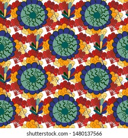 Seamless pattern in ethnic Kalamkari style blue flowers on a mottled yellow red background, design for home textile in the interior, printing on fabric for clothes and printing