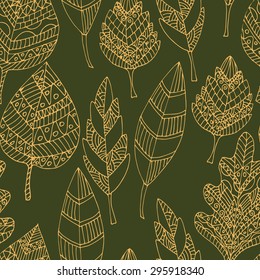 Seamless pattern with ethnic leaves. Hand drawing. Vector illustration