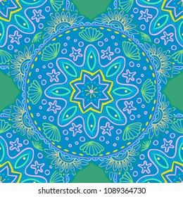 Seamless pattern. Ethnic mandala with decorative ornament, doodle fishes, wind. Vector illustration