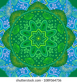 Seamless pattern. Ethnic mandala with decorative ornament, doodle fishes, wind. Vector illustration