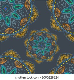 Seamless pattern. Ethnic mandala with decorative ornament, doodle fishes, wind. Vector illustration