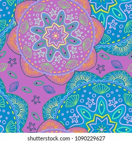 Seamless pattern. Ethnic mandala with decorative ornament, doodle fishes, wind. Vector illustration