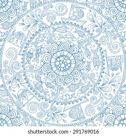 Seamless pattern. Ethnic mandala with decorative ornament, doodle fishes, wind and ships.
