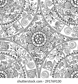 Seamless pattern. Ethnic mandala with decorative ornament, doodle fishes, wind and ships.