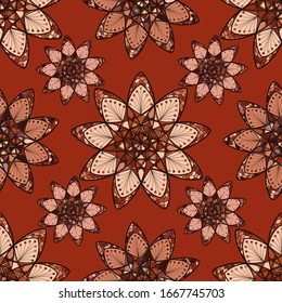 Nahtloses Muster mit ethnischen Mandalas in braunrosa Farbe.