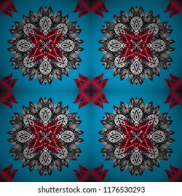 Seamless pattern ethnic mandalas, doodle background circles. Blue, gray and red pattern. Vector Hand drawn zentangle floral blue, gray and red colors.