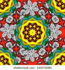 Seamless pattern ethnic mandalas, doodle background circles. Black, white and red pattern. Vector Hand drawn zentangle floral black, white and red colors.