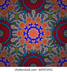 Seamless pattern ethnic mandalas, doodle background circles. Blue pattern. Vector Hand drawn zentangle floral on colorful background.