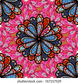 Seamless pattern ethnic mandalas, doodle background circles. Black, magenta and pink pattern. Vector Hand drawn zentangle floral black, magenta and pink colors.