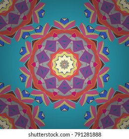 Seamless pattern ethnic mandalas, doodle background circles. Blue, pink and purple pattern. Vector Hand drawn zentangle floral blue, pink and purple colors.