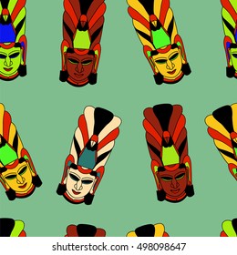 Seamless pattern with ethnic masks. Vector illustration drawn by hand. Doodles style. Design for posters, flyers, fabrics, packaging.
