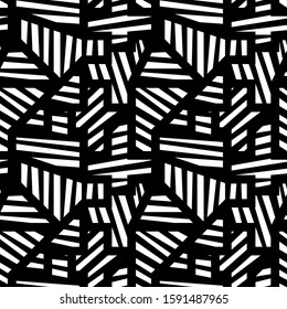 Seamless pattern. Ethnic mosaic. Polygons, shapes, strokes backdrop. Abstract background.Folk wallpaper. Tribal motif. Digital paper, textile print. Figures, triangles, lines ornament. Vector art