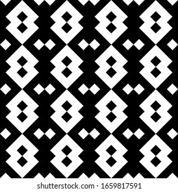 Seamless pattern. Ethnic mosaic. Shapes, squares backdrop. Diamonds, forms background. Figures, checks ornament. Folk wallpaper. Rhombuses, symbols image. Digital paper. Signs, tiles abstract. Vector.