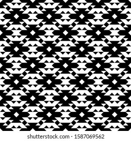 Seamless pattern. Ethnic motif. Diamonds, triangular shapes, polygons wallpaper. Rhombuses, triangles, figures ornament. Forms, checks background. Geometric backdrop. Textile print. Vector artwork.