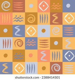 Seamless pattern with ethnic motifs in a square multicolored grid. Various abstract symbols, shapes. Vector graphics.