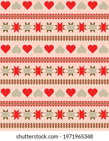 Seamless pattern with ethnic motives. Horizontal ornament. Hearts and geometric abstract shapes. Warm colors