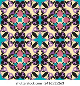 Seamless pattern with ethnic multi-colored ornament on a black background. Vector illustration