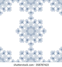 Seamless pattern in ethnic oriental style. Hand drawn background. Blue and white colors ornament of mandalas for design of fabric, invitation, template cards, wrapping, glazed tiles. 