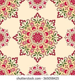 Seamless pattern in ethnic oriental style. Hand drawn background. Arabic, Indian, turkish, chinese motifs. Vintage style for design of fabric, invitation, template cards.
Vector illustration.