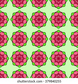 Seamless pattern in ethnic oriental style for design of fabric, wallpaper, invitation, template cards. Hand drawn background.
Vector illustration.