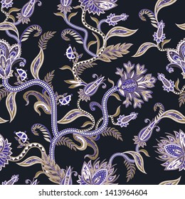 Seamless pattern with ethnic  ornament elements and paisleys. Folk flowers and leaves for print or embroidery. 