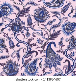 Seamless pattern with ethnic  ornament elements and paisleys. Folk flowers and leaves for print or embroidery. 