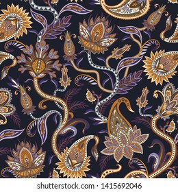 Seamless pattern with ethnic  ornament elements and paisleys. Folk flowers and leaves for print or embroidery