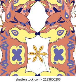 seamless pattern with ethnic ornament in the form of a fox, geometry, animalistic, floral.