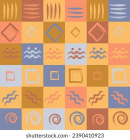 Seamless pattern with ethnic ornament on the background of grid squares of natural natural colors. Vector graphics.