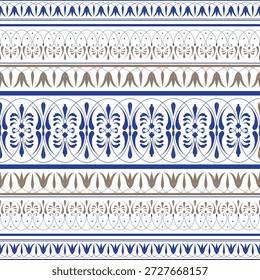Patrón sin fisuras con adornos étnicos. Repetición de borde Horizontal rico con múltiples bandas alternas de arabescos de desplazamiento azul y motivos de hojas de tulipán alargadas de color topo. Aspecto clásico de baldosas de cerámica