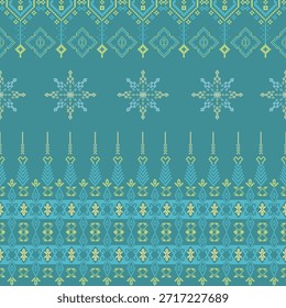 Seamless pattern with ethnic ornaments. Vector illustration. Turquoise and yellow cross-stitch vintage pattern. Pixel design pattern for tapestry, textiles, rugs, and wallpaper.