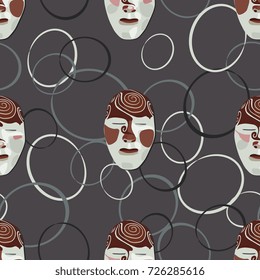 Seamless pattern with ethnic Siberian masks and abstract geometrical circles. Based on Yenisei Tashtyk iron age tribal art.