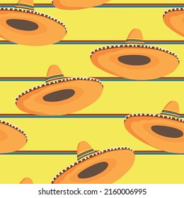 Seamless pattern with ethnic sombrero hat on color background. Vector drawing illustration for packaging, fabric, textile. Wild west, Mexico concept. Traditional Mexican wide brimmed hat.