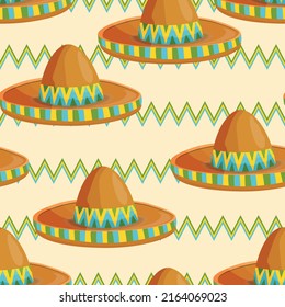 Seamless pattern with ethnic sombrero hat on color background. Vector drawing illustration for packaging, fabric, textile. Wild west, Mexico concept. Traditional Mexican wide brimmed hat.