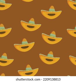 Seamless pattern with ethnic sombrero hat on color background. Vector drawing illustration for packaging, fabric, textile. Wild west, Mexico concept. Traditional Mexican wide brimmed hat.