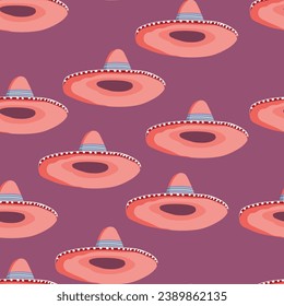 Seamless pattern with ethnic sombrero hat on color background. Vector drawing illustration for packaging, fabric, textile. Wild west, Mexico concept. Traditional Mexican wide brimmed hat.