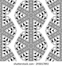 Seamless pattern in ethnic style. Black and white geometric symmetry hand drawn ornament. Boho, oriental, vintage style. Vector pattern
