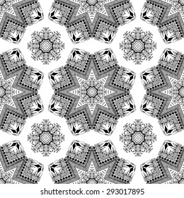 Seamless pattern in ethnic style. Black and white geometric symmetry hand drawn ornament. Boho, oriental, vintage style. Vector pattern