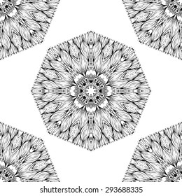 Seamless pattern in ethnic style. Black and white geometric symmetry hand drawn ornament. Boho, oriental, vintage style