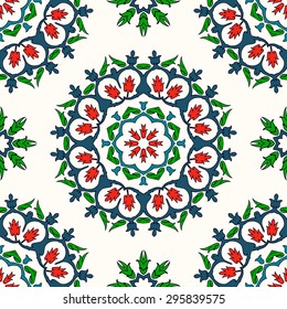 Seamless pattern in ethnic style. Floral  circle ornament. Traditional  tile. Vector illustration.