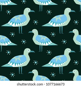 Seamless pattern in ethnic style with the image of northern sea animals. Colorful vector background.