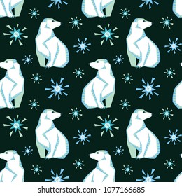 Seamless pattern in ethnic style with the image of northern sea animals. Colorful vector background.