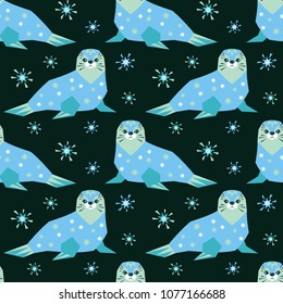 Seamless pattern in ethnic style with the image of northern sea animals. Colorful vector background.