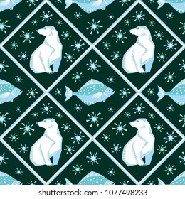 Seamless pattern in ethnic style with the image of northern sea animals. Colorful vector background.