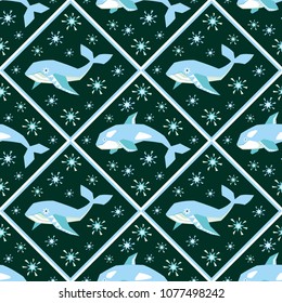 Seamless pattern in ethnic style with the image of northern sea animals. Colorful vector background.