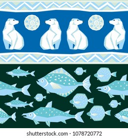 Seamless pattern in ethnic style with the image of northern sea animals. Colorful vector background.