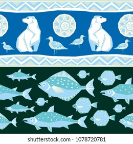 Seamless pattern in ethnic style with the image of northern sea animals. Colorful vector background.