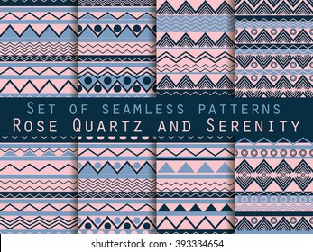 Seamless pattern in ethnic style. Tribal  texture. Hippie design. For wallpaper, bed linen, tiles, fabrics, backgrounds. Vector illustration. Rose quartz and serenity violet colors.